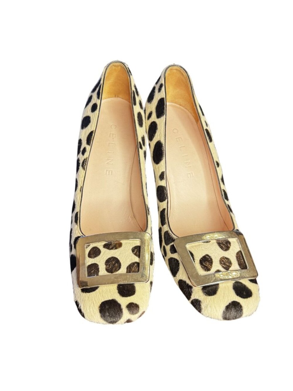 Celine Leopard Print Pony Hair Heels Gold Buckle Detail Size 39.5 Italy